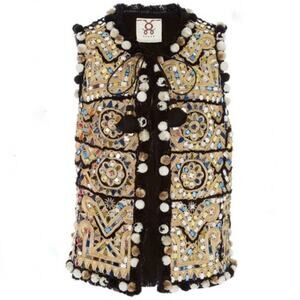 Figue Onyx Embellished Cosmo Vest Tassels with Pom Poms Size L